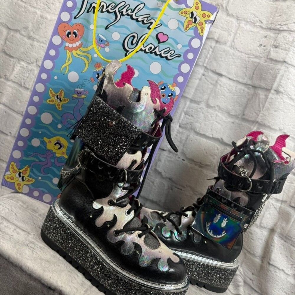 Irregular Choice Super Hot Platform Boots Size 9 Light-Up Flame Mid-Calf VIDEO